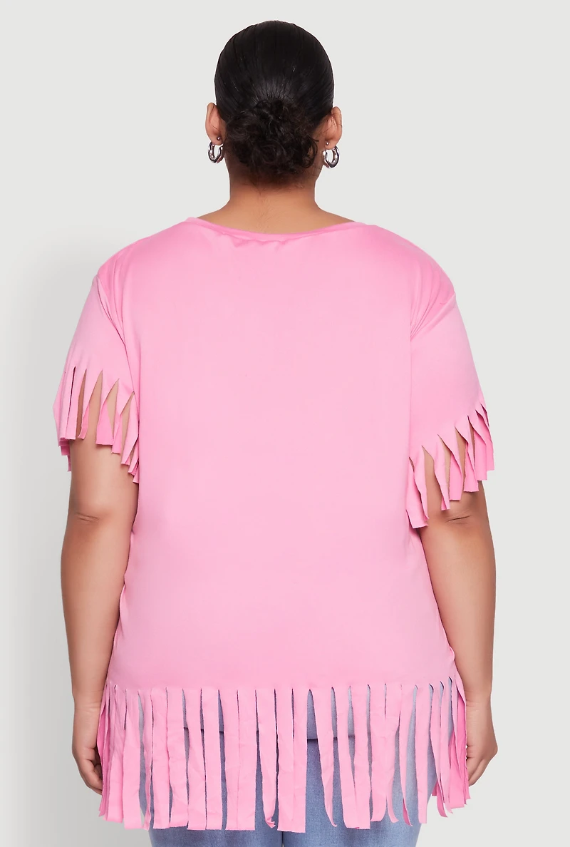 Womens Plus Size Fringe Sleeve Hem Tee, Pink, Size 3X
