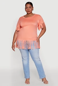 Womens Plus Fringe Sleeve Hem Tee, Orange,