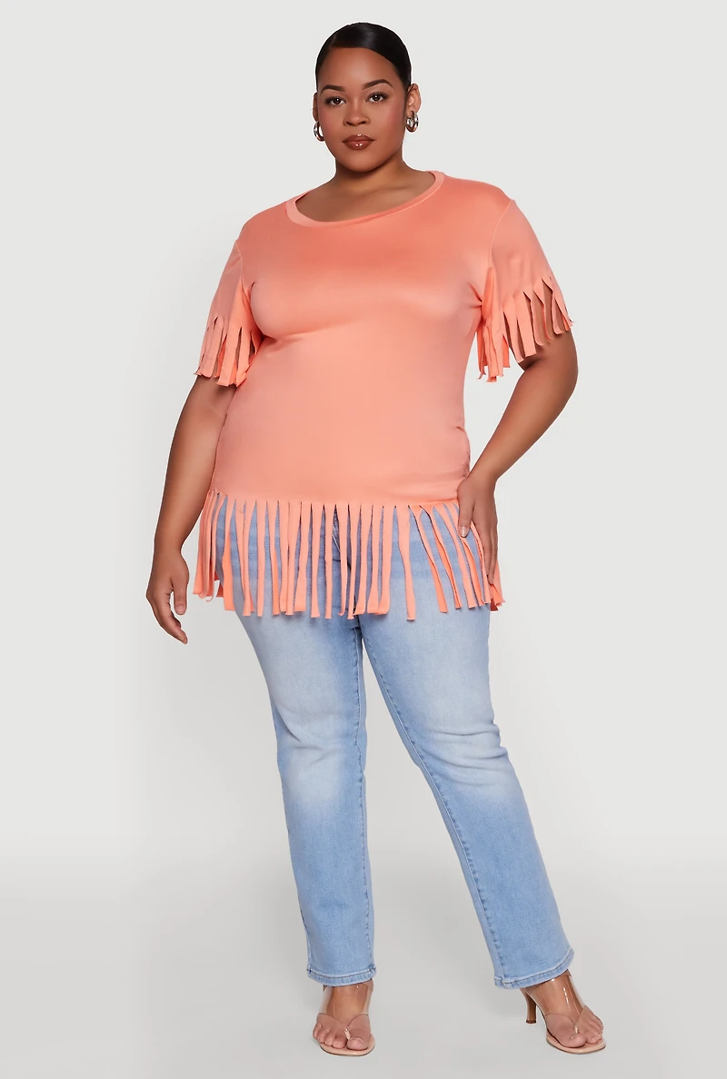 Womens Plus Fringe Sleeve Hem Tee,
