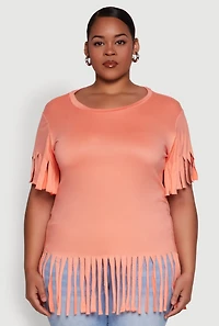 Womens Plus Fringe Sleeve Hem Tee, Orange,