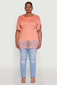Womens Plus Fringe Sleeve Hem Tee, Orange,