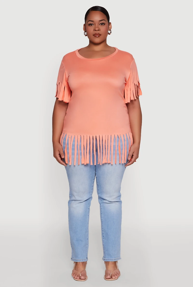 Womens Plus Fringe Sleeve Hem Tee,