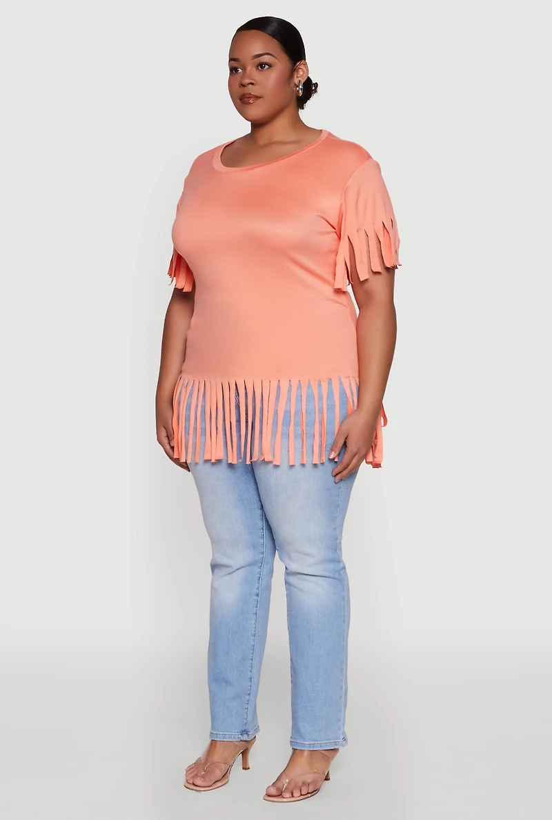Womens Plus Fringe Sleeve Hem Tee,
