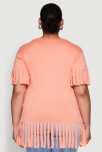 Womens Plus Fringe Sleeve Hem Tee, Orange,