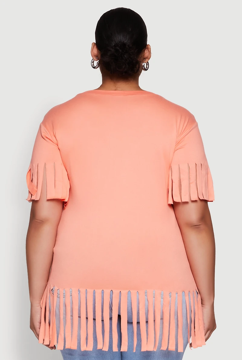 Womens Plus Fringe Sleeve Hem Tee,
