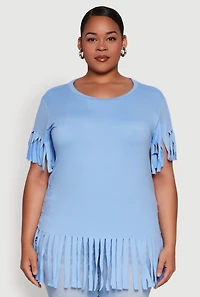 Womens Plus Fringe Sleeve Hem Tee,