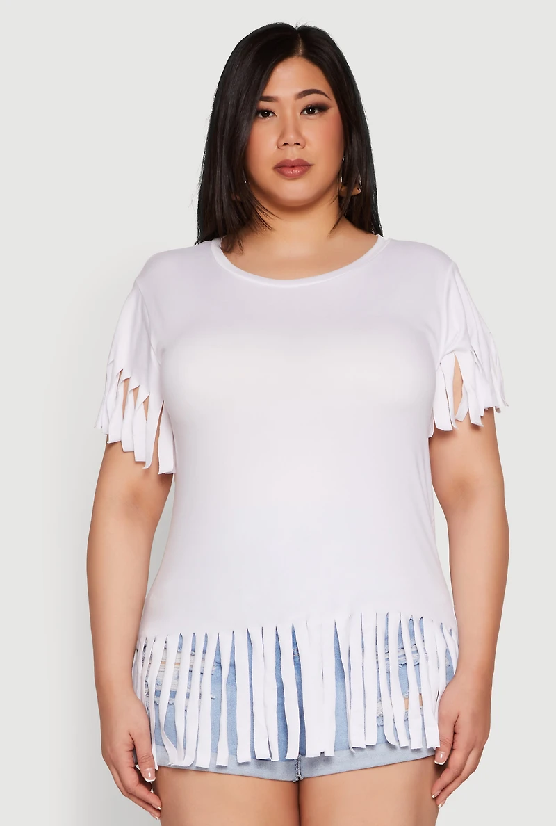 Womens Plus Size Fringe Hem Tee, White, Size 1X