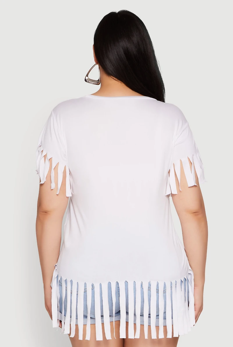 Womens Plus Size Fringe Hem Tee, White, Size 1X