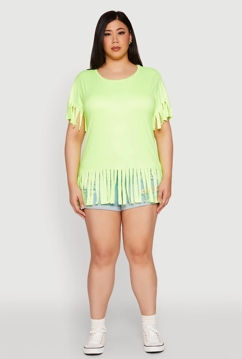 Womens Plus Size Fringe Hem Tee, Green, Size 1X