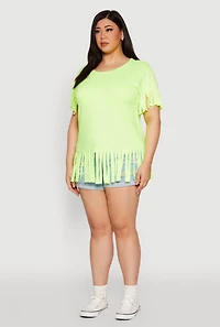 Womens Plus Size Fringe Hem Tee, Green, Size 1X
