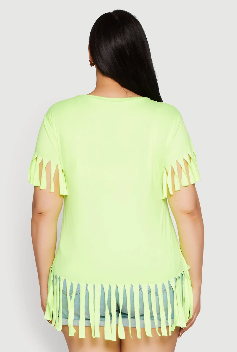 Womens Plus Fringe Hem Tee, Green,