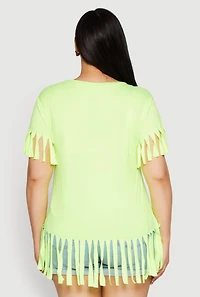 Womens Plus Size Fringe Hem Tee, Green, Size 1X