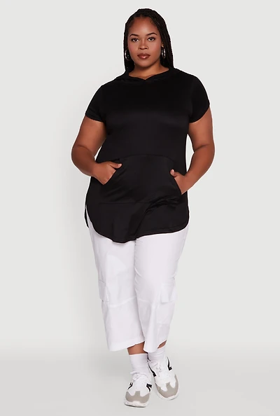 Womens Plus Size Solid Hooded Kangaroo Pocket Blouse, Black, Size 1X