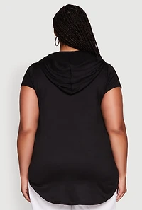 Womens Plus Size Solid Hooded Kangaroo Pocket Blouse, Black, Size 1X