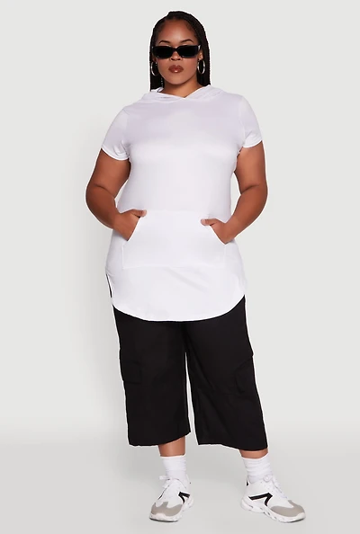 Womens Plus Size Solid Hooded Kangaroo Pocket Blouse, White, Size 2X