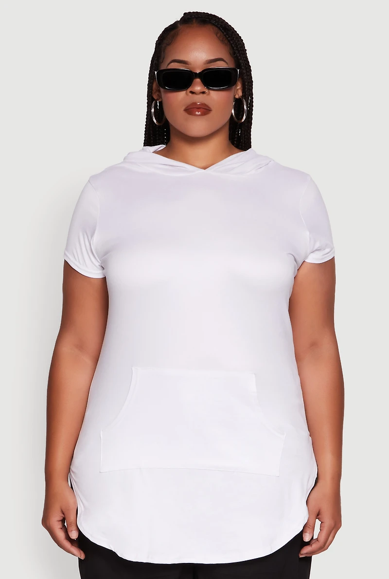 Womens Plus Size Solid Hooded Kangaroo Pocket Blouse, White, Size 3X