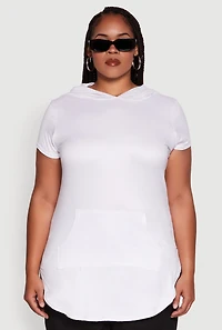 Plus Solid Hooded Kangaroo Pocket Blouse