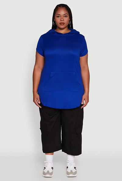 Womens Plus Solid Hooded Kangaroo Pocket Blouse,