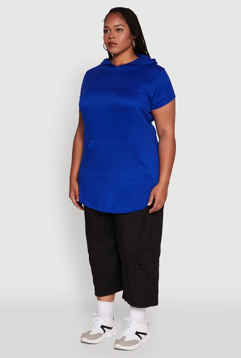 Womens Plus Size Solid Hooded Kangaroo Pocket Blouse, Blue, Size 3X