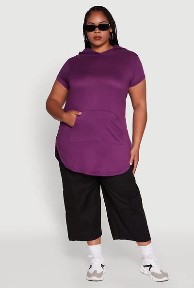 Womens Plus Solid Hooded Kangaroo Pocket Blouse,