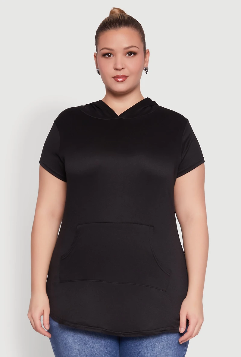 Womens Plus Size Kangaroo Pocket Side Slit Hooded Tee, Black, Size 2X