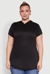 Womens Plus Size Kangaroo Pocket Side Slit Hooded Tee, Black, Size 3X