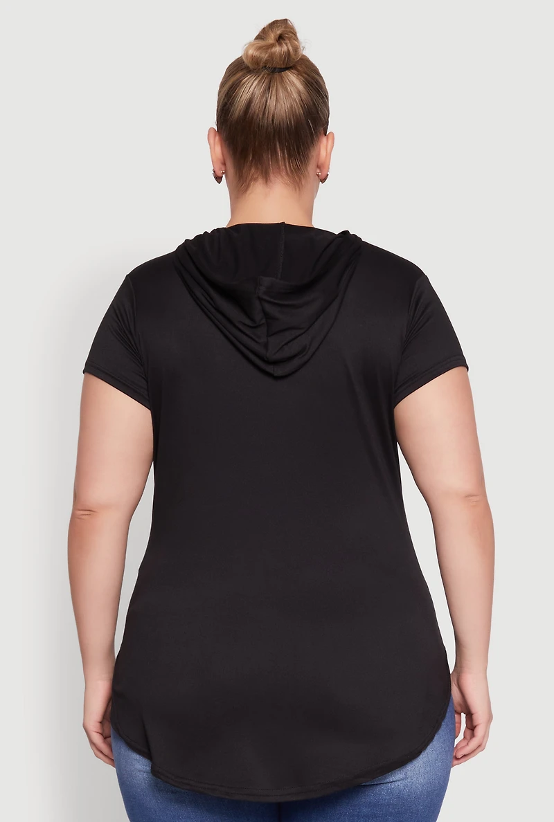 Womens Plus Size Kangaroo Pocket Side Slit Hooded Tee, Black, Size 2X