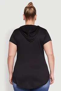 Womens Plus Size Kangaroo Pocket Side Slit Hooded Tee, Black, Size 2X