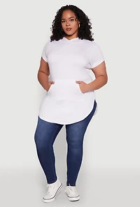 Womens Plus Kangaroo Pocket Side Slit Hooded Tee, White,