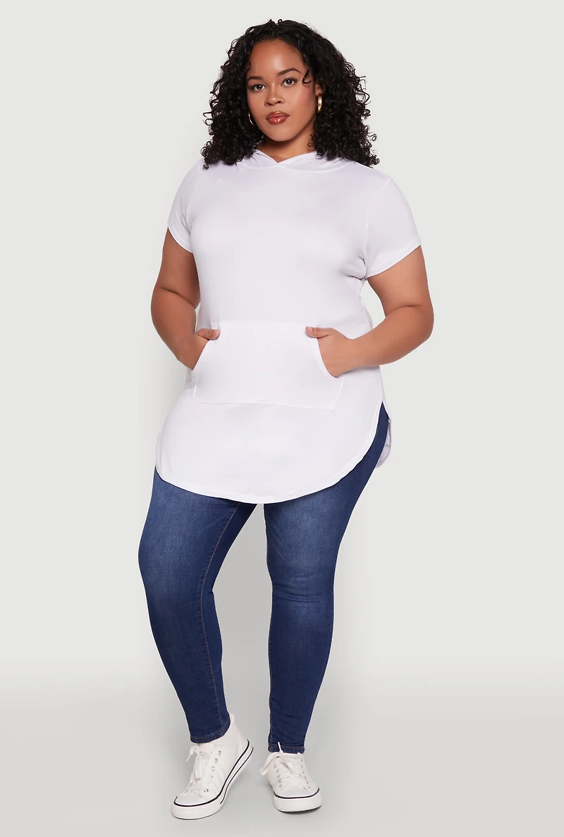 Womens Plus Size Kangaroo Pocket Side Slit Hooded Tee, White, Size 2X