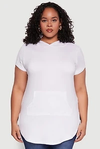 Womens Plus Kangaroo Pocket Side Slit Hooded Tee, White,