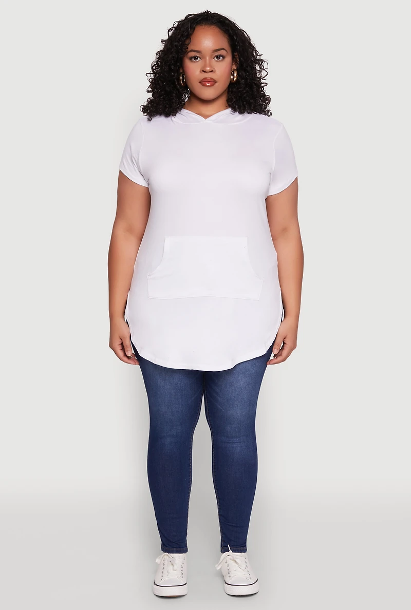 Womens Plus Kangaroo Pocket Side Slit Hooded Tee, White,