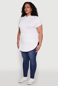 Womens Plus Kangaroo Pocket Side Slit Hooded Tee, White,