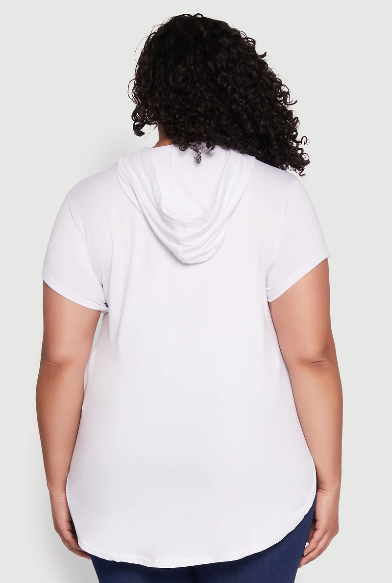 Womens Plus Size Kangaroo Pocket Side Slit Hooded Tee, White, Size 2X