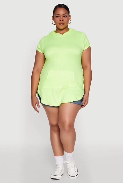 Womens Plus Size Kangaroo Pocket Side Slit Hooded Tee, Green, Size 2X