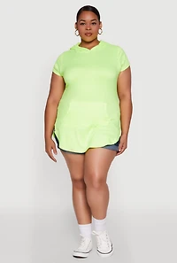 Womens Plus Size Kangaroo Pocket Side Slit Hooded Tee, Green, Size 2X