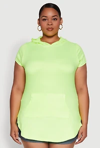 Womens Plus Size Kangaroo Pocket Side Slit Hooded Tee, Green, Size 2X