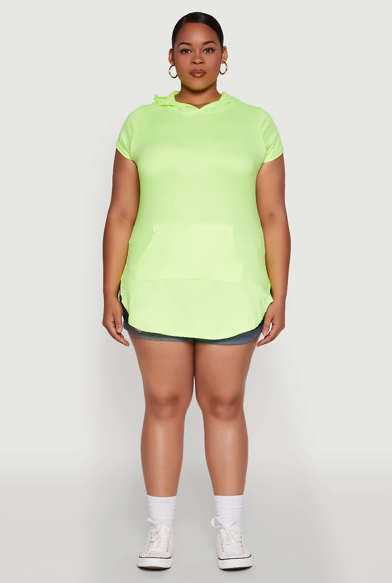 Womens Plus Size Kangaroo Pocket Side Slit Hooded Tee, Green, Size 2X