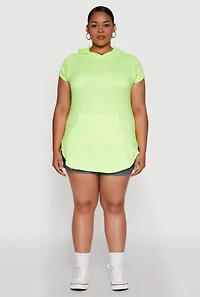 Womens Plus Size Kangaroo Pocket Side Slit Hooded Tee, Green, Size 2X