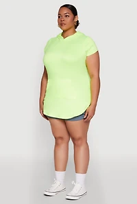 Womens Plus Size Kangaroo Pocket Side Slit Hooded Tee, Green, Size 2X