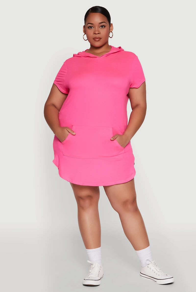 Womens Plus Size Kangaroo Pocket Side Slit Hooded Tee, Pink, Size 2X
