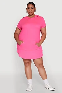Womens Plus Size Kangaroo Pocket Side Slit Hooded Tee, Pink, Size 2X