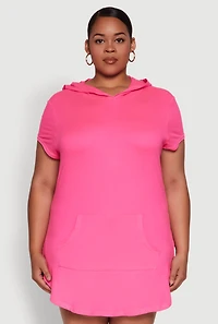 Womens Plus Size Kangaroo Pocket Side Slit Hooded Tee, Pink, Size 2X