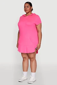 Womens Plus Size Kangaroo Pocket Side Slit Hooded Tee, Pink, Size 2X