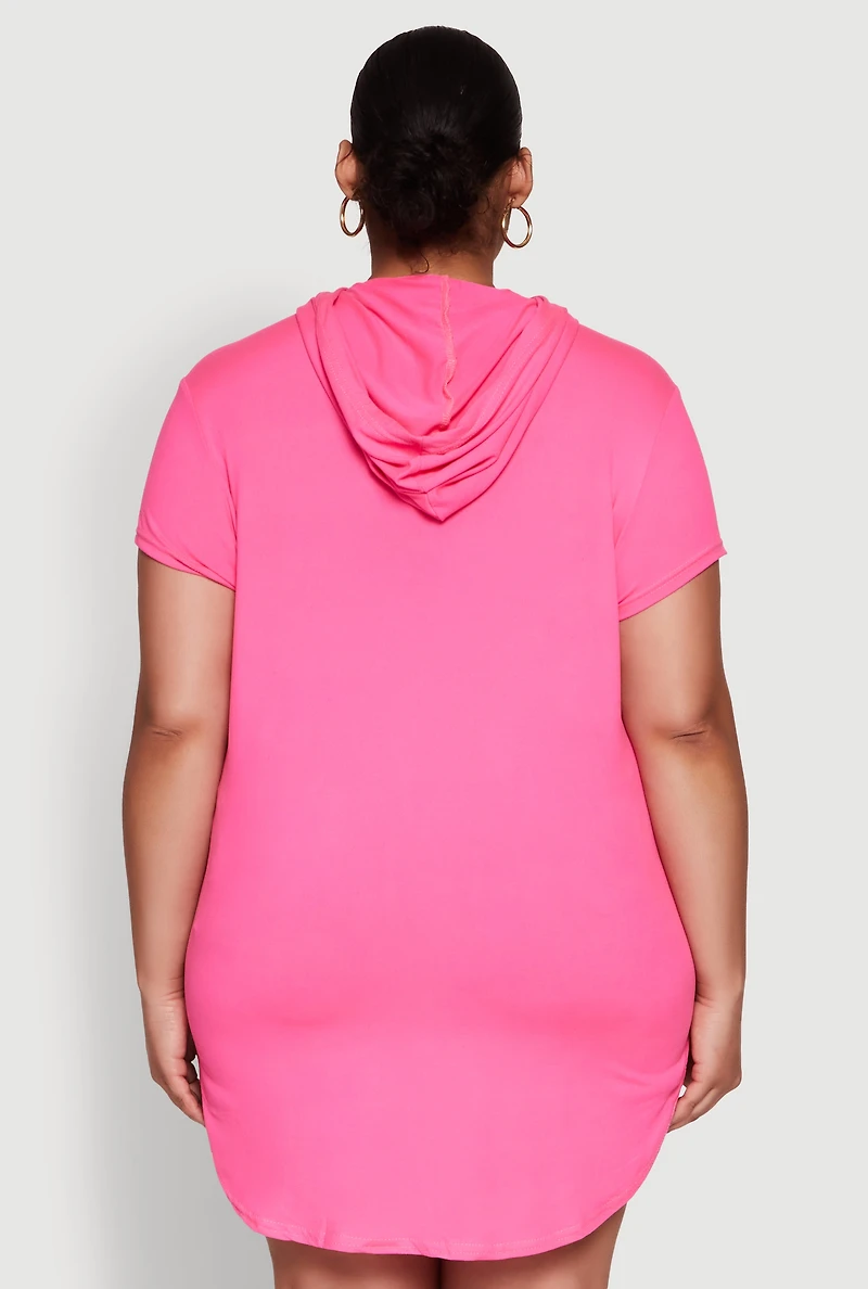 Womens Plus Size Kangaroo Pocket Side Slit Hooded Tee, Pink, Size 2X