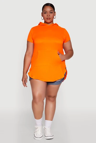 Womens Plus Size Kangaroo Pocket Side Slit Hooded Tee, Orange, Size 2X
