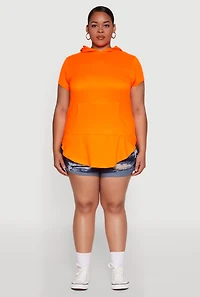 Womens Plus Size Kangaroo Pocket Side Slit Hooded Tee, Orange, Size 1X