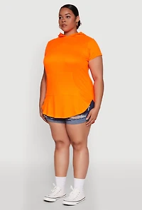Womens Plus Size Kangaroo Pocket Side Slit Hooded Tee, Orange, Size 1X