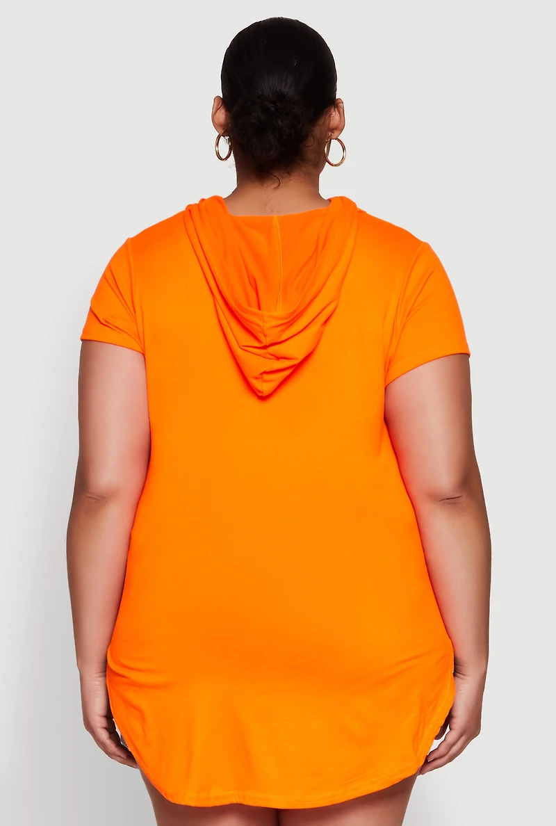Womens Plus Size Kangaroo Pocket Side Slit Hooded Tee, Orange, Size 1X