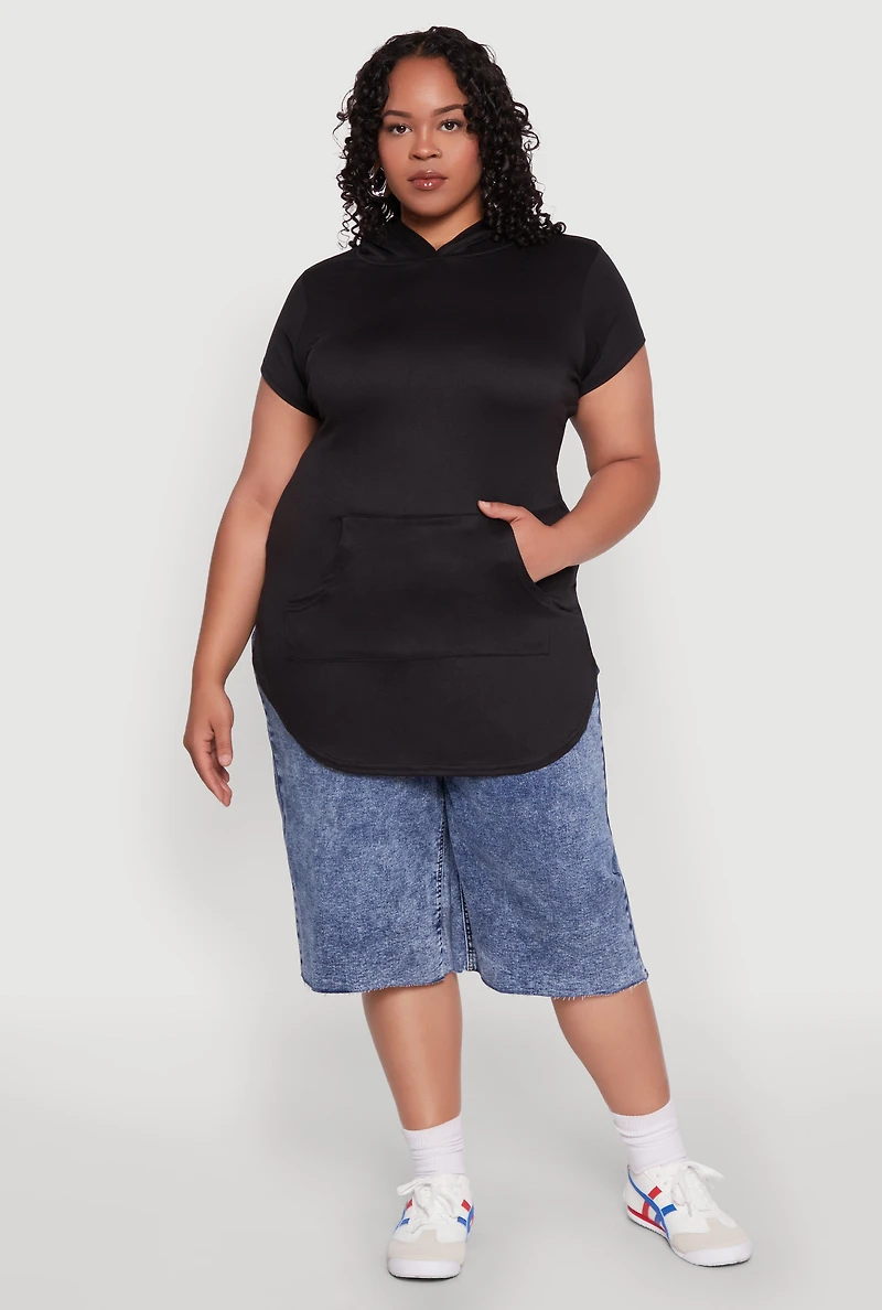 Womens Plus Size Kangaroo Pocket Tunic Hooded Top, Black, Size 2X